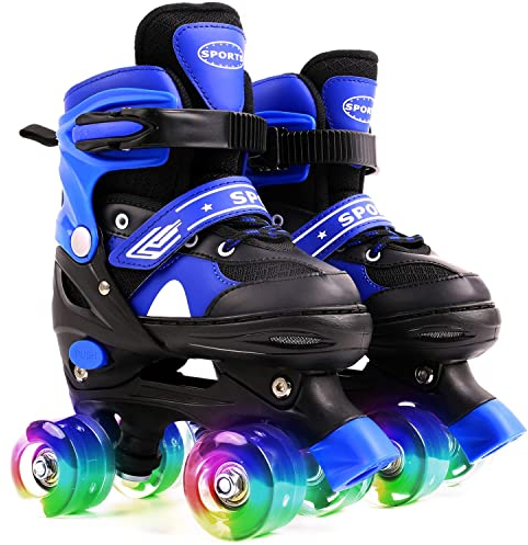 Ceestyle Verstellbare Rollschuhe für Kinder, Classic Disco Roller, Leuchtenden Rädern, Größenverstellbare Atmungsaktiv Quad Skates, Verstellbar von 27 bis 37, 4 Größen, Jungen und Mädchen, Blau S