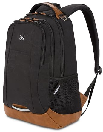 SWISSGEAR Cecil 18-Inch Laptop Backpack Fits 16-Inch Laptop, Travel Daypack with Organizer Pockets, Water Bottle Holders & Padded Straps – Black Canvas/Brown
