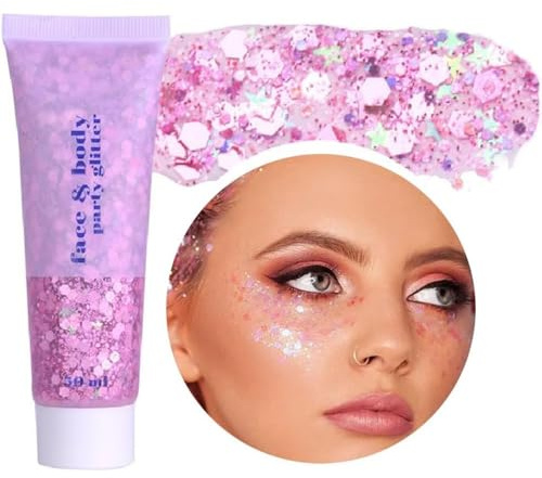 Beliky Girl Körper-Glitter-Gel,gesicht glitzert körper gel pailletten schimmernder Flüssiglidschatten,Meerjungfrau Pailletten Flüssig Holographisches Gel Chunky für Gesicht Haare Nägel (Rosa)