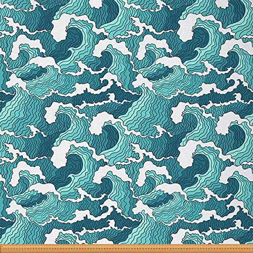 Tela Ocean Waves de The Yard, tela de tapicería japonesa estilo Hokusai para sillas, tela náutica exótica marina impermeable al aire libre, 3 yardas, (largo 276 x ancho 150 cm), color blanco azulado