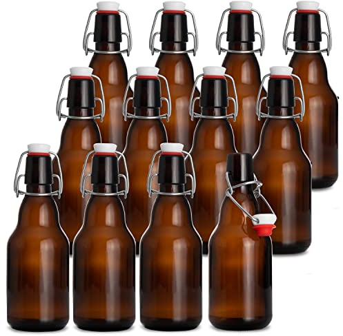 Ilyapa 12 oz bärnsten gammaldags flip top glas ölflaskor för hembryggning, set med 12