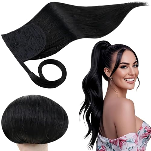 RUNATURE Echthaar Zopf Schwarz 30cm Ponytail Extension Echthaar Schwarz Kurz Menschliches Haar 70g Gerade Pferdeschwanz Haarteil Zopf #1