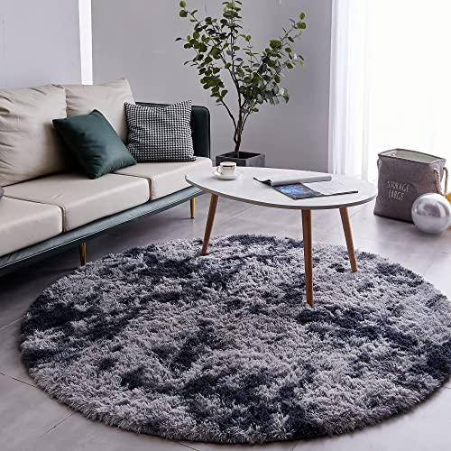 VOFUSHON Schlafzimmer Shaggy Plüsch runden Teppich Bunte Batik Faux Flauschiger Samt Moderne Innenteppiche Lange Haare Fell Optik Gemütliches Bettvorleger Sofa Matte Carpet Dunkelgrau,100 cm (Rund)