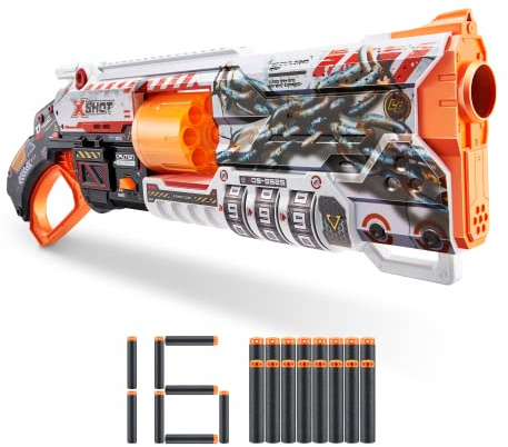 XSHOT Skins Lock Blaster de ZURU con 16 Dardos, Barril Giratorio, tecnología de Dardos de Bolsillo de Aire, Mecanismo de Bloqueo con código único, Lanzador de Espuma de Juguete para niños,