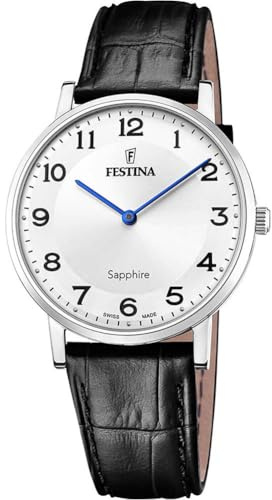 Festina Swiss Made Herrenuhr Analog aus Leder Schwarz | Quarzwerk, Widerstandsfähiges Saphirglas, Wasserdicht 5 ATM Elegant F20012/5 Classic Leather