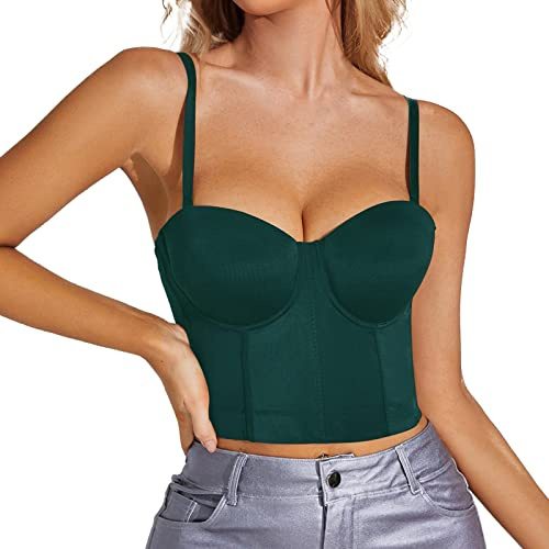 LOIJMK - Sujetador corpiño para mujer, top bustier, corpiño ajustado, top tanque con tiras, camisa corta sólida de moda con encaje, verde, XL
