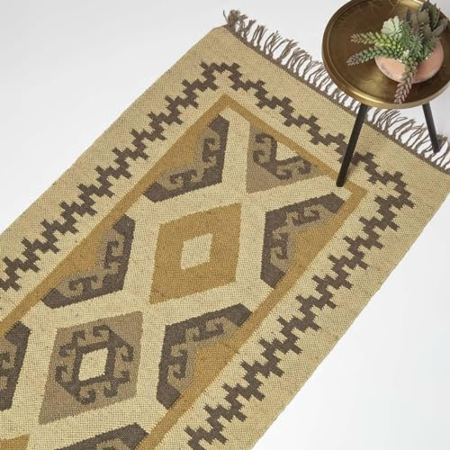 HOMESCAPES Kilim - Tappeto da corridoio in iuta e lana, tappeto multicolore Ravar, tappeto da salotto artigianale 80 x 180 cm