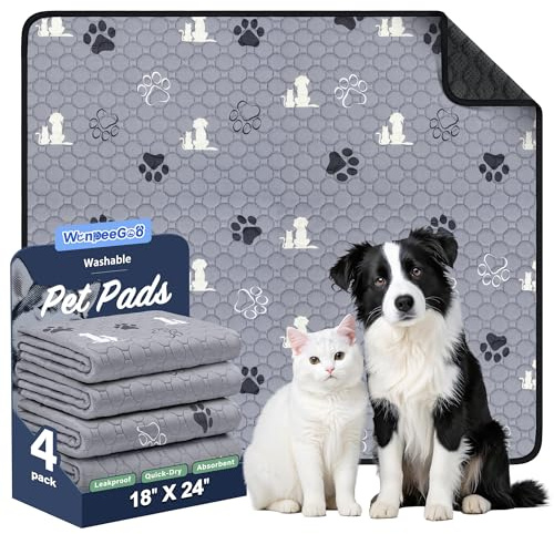 WanpeeGoo Washable Pee Pads for Dogs, 4 Pack Absorbent Reusable Training Dog Pads Pet Puppy Pads, Non-Slip Potty Pads for Whelping, Playpen, Crate, Bed, Grey 18x24