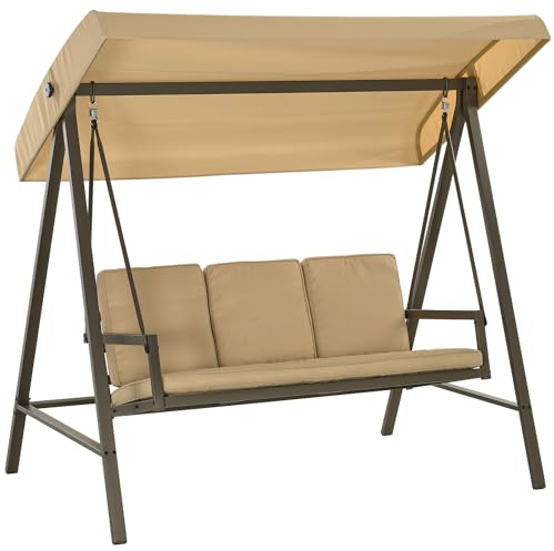 Outsunny Hollywoodschaukel 3-Sitzer Schaukelbank mit Verstellbarem Dach, Schwingbank mit Rückenkissen, Gartenschaukel bis 360 kg Belastbar, Beige, 200 x 125 x 175 cm