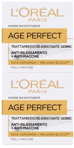 L'Oréal Paris Age Perfect Crema Viso Trattamento Re-Idratante Giorno Anti-Rilassamento e Anti-Macchie ad Azione Ricostituente con Soia-Ceramide e Melanin-Block per Pelli Mature - 2 Barattoli da 50ml