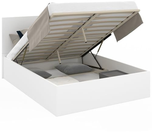 IDMarket - Lit Coffre Double Seaside avec tête de lit et sommier 140 x 190 cm Blanc