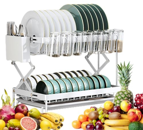 Rejilla para secar platos de 2 niveles, Rejilla para platos de 2 niveles - Escurreplatos para utensilios,Escurreplatos plegable para encimera de cocina, organizador escurridor de platos de gran capaci