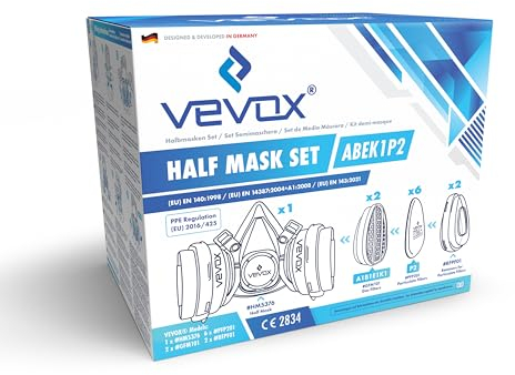 VEVOX® Maschera respiratoria con filtro A1P2 – Protezione da gas, vapori e polveri sottili – Ideale per verniciatura, levigatura e lavori edili – Con 6 filtri P2 antiparticolato e 2 A1 antigas