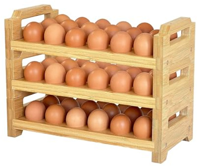 Soporte para huevos de madera de bambú, estante apilable de 3 niveles para 54 huevos frescos, organizador rústico de granja para huevos de pollo, codorniz, pato y pavo, bandeja de huevos de madera