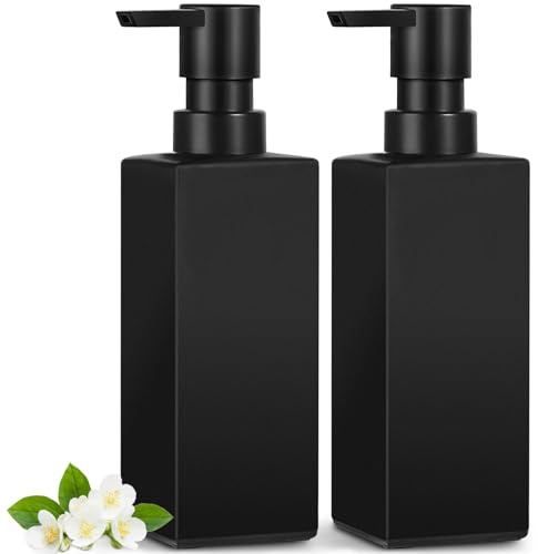 GMISUN Seifenspender schwarz, 2 Stück 350 ml Spülmittelspender für Küche, Modern Seifenspender schwarz Glas mit wasserdichte Etiketten, Handseifenspender, Flüssigseifenspender, Soap Dispenser