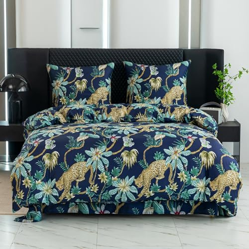 Cotton Market Bettwäsche 135x200 cm - Bettwäsche Mikrofaser Baumwolle - Herbst Bettwäsche-Sets 2 Teilig ‎mit Reißverschluss - Blumen Bettbezug mit 1 Kissenbezug 70x80 cm - Wildcat/Grün