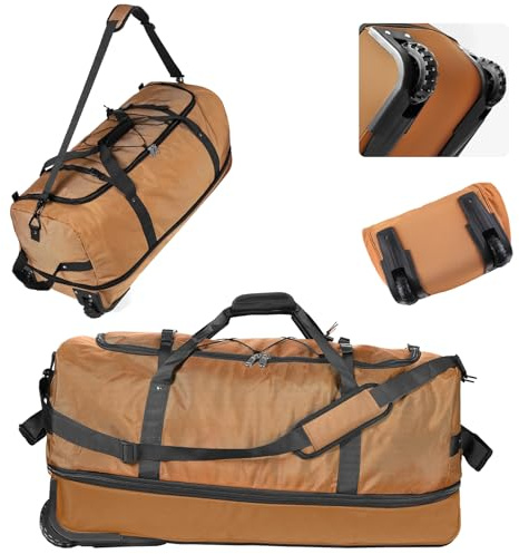 YHYEH Faltbare Reisetasche mit 2 Rädern,PVC Wasserdicht,110L-140L Erweiterbar,Ohne Teleskopstange,Leicht & Robust für Zug,Au to,Schiffsreisen,Braun