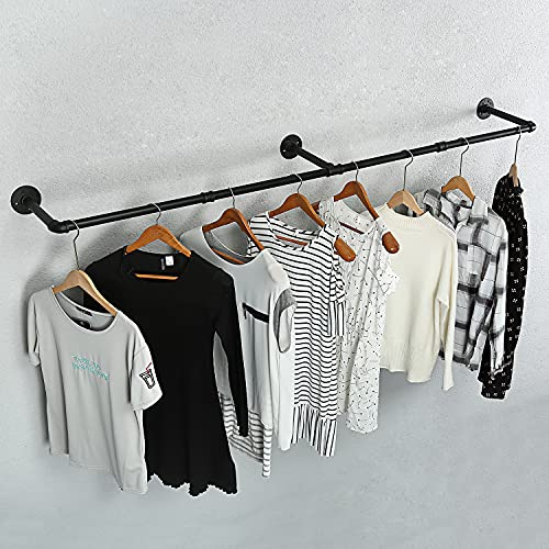 Industrial Pipe Clothes Rack, Heavy Duty 60inch Iron Garment Rack Wall Mounted, Metal Rustic Saving Space Clothes Bar Multi-Purpose Hanging Rod for Bedroom,Closet,Laundry Room and Plants hanging