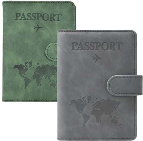 thirei Reisepass Organizer, Organiser mit RFID Shield,Reisepasshülle, Passport Holder, Kofferanhänger,für Reisepass, Bordkarte, SIM Karte, Ausweis, Kreditkarte, Dunkelgrün + Grau