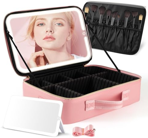 Travel Makeup Bag with LED Mirror,Large Travel Makeup Organizer with Removable Standing Mirror,Makeup Case with Lighted Mirror 3 Color Setting,Waterproof Makeup Box with Adjustable Dividers,Pink