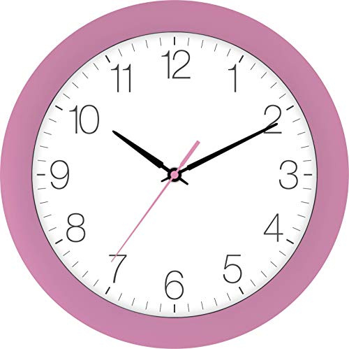 Eurotime, Horloge murale à quartz avec trotteuse silencieuse, boîtier/aiguilles colorées, couvercle en verre véritable, rose bonbon