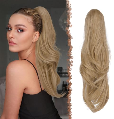 FESHFEN Zopf Pferdeschwanz mit Kordelzug, Natürlich Wellig Layered Haarteil Synthetik Blond und Aschblond Gemischt Haarverlängerung Clip in Ponytail Haarextension Haarzopf für Damen, 50cm