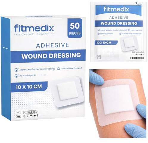 FitMedix Premium Sterile Adhesive Wound Dressing (10cm x 10cm) - **Pack of 50 for Wounds, Cuts, Grazes, Diabetic Leg Ulcers, Venous Leg Ulcers & Small Pressure Sores- Hypoallergenic Plasters