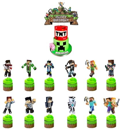 13 Stück Pixel Tortendeko Jungen, Video Game Kuchendeko Geburtstag, Cake Topper Bergbauspieler, Happy Birthday Tortendeko Deko, Cupcake Toppers für Pixel Video Game Party Decorations Geburtstagsfeier