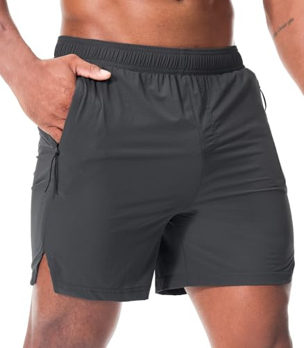 Danfiki Löparshorts för män, gym, andas sport, träning med blixtlåsfickor, lätt snabbtorkande, Grå, L