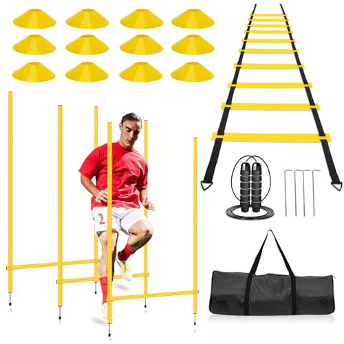 YGORTECH Agility-Leiter für Geschwindigkeitstraining, 6 Agility-Stöcke, 6 Hürden, 6 m Lange Geschwindigkeitsleiter, 12 Sportkegel, Springseil, Basketball, Fußball, Training für Kinder, Jugendliche,