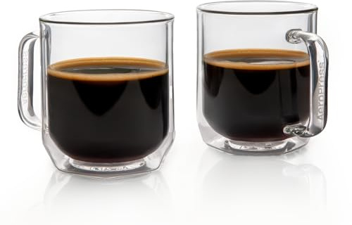 AeroPress Doppelwandige Kaffeetassen aus Borosilikatglas. Kristallklare Tassen mit Griffen, breiter Basis, extra dickem Glas – entwickelt für Standard Kaffeebereiter – 350 ml, 2er-Set