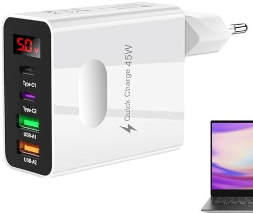 Cargador De Pared USB, Bloque Cargador Multipuerto 45W con Display Digital, Carga Rápida con 2 USB Y 2 Tipo C, Accesorio Viaje Portátil para Dispositivos Móviles, Teléfonos Móviles, Portátiles, Tab