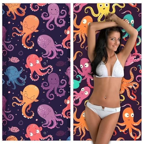 Telo Mare Microfibra 90x200cm Viola Telo Mare 2 Set Polpo，Antisabbia，Leggero，Ultra Assorbente Asciugatura Rapida Morbido e Resistente，con Borsa Impermeabile, per Spiaggia，Piscina，Viaggio，Yoga YJ-744