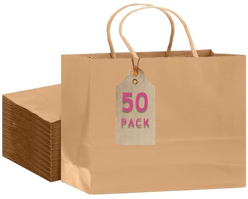 Gcardist Lot de 50 sacs cadeaux en papier marron avec anses – 30 x 10 x 25 cm – Sacs cadeaux de fête pour de nombreuses utilisations