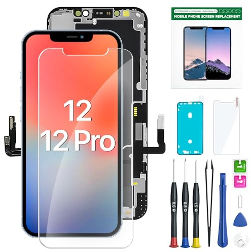 EXW Ecran pour iPhone 12/12 Pro Noir 6.1 Pouces -Écran Tactile Digitizer Assembly avec Kit De Réparation Complet et Protecteur D'écran,A2172, A2402, A2404 A2403, A2341, A2406, A2408