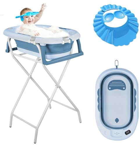 MUL-BOUTIQU Babybadewanne, faltbar, XXL, mit Ständer, Thermometer und Kissen – Babybadewanne freistehend – ideal als Geschenk zur Geburt Mädchen oder Jungen (blau)