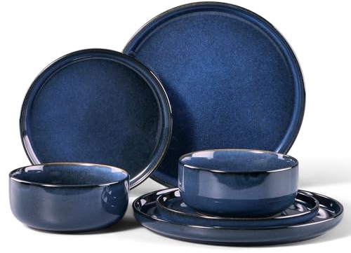 HaWare Dinner Set, 6 Piece Stoneware Dinnerware Service for 2, Reactive Glaze Dining Ware Include Plates and Bowls, Chip and Scratch Resistant, Microwave & Dishwasher Safe, Nebulas Blue