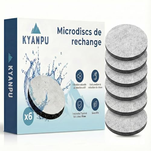KYANPU Lot de 6 Disques Filtrants Compatibles Brita MicroDisc - 900L de Filtration (6x150L) - Recharge Gourde Filtrante Fill&Go Bouteille & Carafe - Charbon Actif Anti Chlore, PFAS & Goût