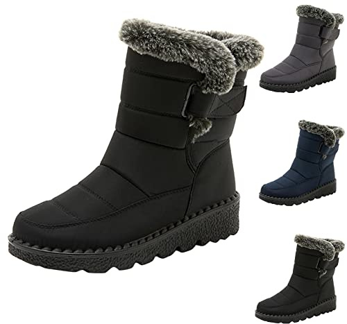 Womens Snow Boots Waterproof, Fleece Lined Snow Boots For Women Mid Calf Outdoor Walking Booties With Fluffy Collar Thermal Fleece Lined Non Slip Hiking Booties With Anti-Slip Buckle Pull On Shoes
