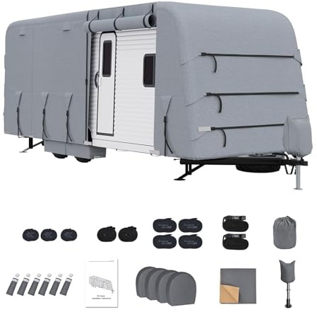 Wohnwagen Abdeckplane 6,7-7,3 m – 4-Schicht-Schutzhülle Für Wohnwagen & Wohnmobile – Wasserdicht Winddicht UV-Beständig, Mit 400 kg Reißfestigkeit – Atmungsaktiv Inkl. Windschutzgurte, Reifenhauben