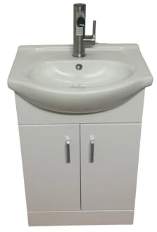 550mm White Gloss Floor-Standing No-Plumbing Sink Unit – Plug-in Hot & Cold Water System – Self-Contained Vanity for Clinics, Salons & Home Workspaces
