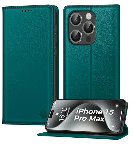 Kirnntca Handyhülle für iPhone 15 Pro Max Hülle, Kartenfach Premium PU Leder Klapphülle Schutzhülle, Standfunktion Tasche Flip Case für iPhone 15 Pro Max - Grün