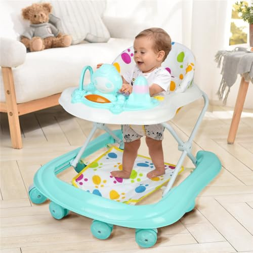 Girello Bambino Primi Passi per Bambini da 6 Mesi a 15 kg, Regolabile in Altezza, girello pieghevole per bambini con vassoio di gioco interattivo con suoni, 62 * 68 * 36-81cm - Verde