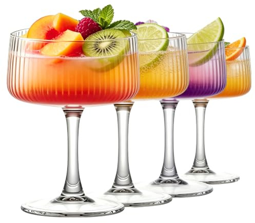Set of 4 Martini Glasses, 260ml Cup Ribbed Glass Set, Vintage Martini Glasses Classic Cocktail Glassware, Bar Drinks Perfect for Champagne Wine Cocktails