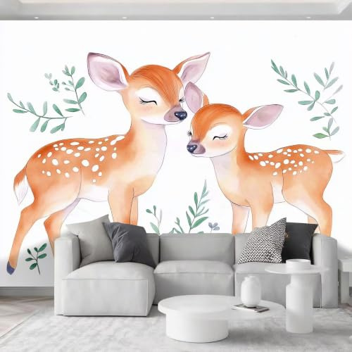Carta da parati fotografica ad acquerello, effetto 3D, 250 x 175 cm (larghezza x altezza), cartone animato, animali, cervo, botanica, foglie, moderna, in tessuto non tessuto, per camera da letto