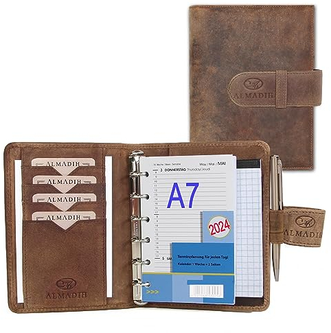 ALMADIH Leder A7 Terminplaner Kalender 2026 Notizblock Premium Rindsleder Braun Vintage in Geschenkbox Ledermappe Mappe Schreibmappe Organizer Terminkalender Ringbuchmappe Mini Pocket (T-A7-BV)