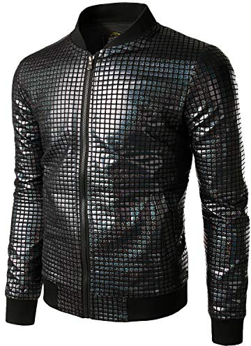 JOGAL - Giacca da baseball da uomo con paillettes metalliche, stile anni '70 Nero S