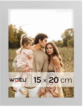 WOLTU Bilderrahmen 15x20, Silber, MDF-Holz Fotorahmen mit Passepartout | Posterrahmen für Poster, Fotos, Puzzle, aufhängbar und aufstellbar, Collage-Wanddeko mit bruchsicherer PS-Platte ohne Glas
