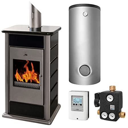 Schmitzker KS3047 Alicante Anthrazit Blackline Wasserführender Kaminofen - Komplett-Set mit Kombispeicher THKE/F 600L, inkl. Isolierung