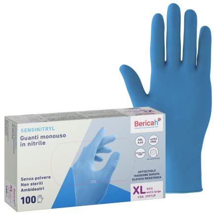 Bericah, Sensinitryl, Guanti in Nitrile, Senza Polvere, Taglia XL,100 Pezzi | nitrile